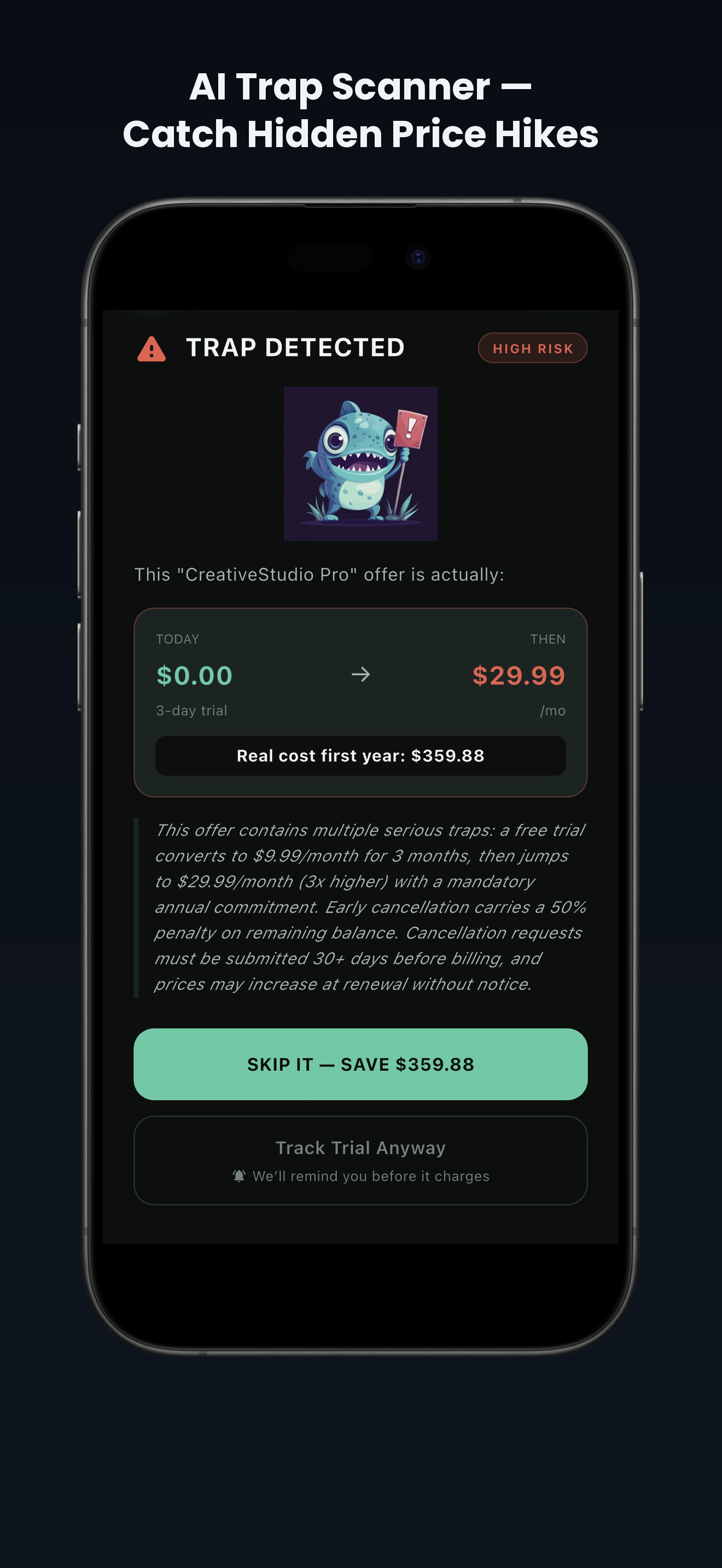 Chompd AI Trap Scanner detecting a hidden price hike in a subscription offer