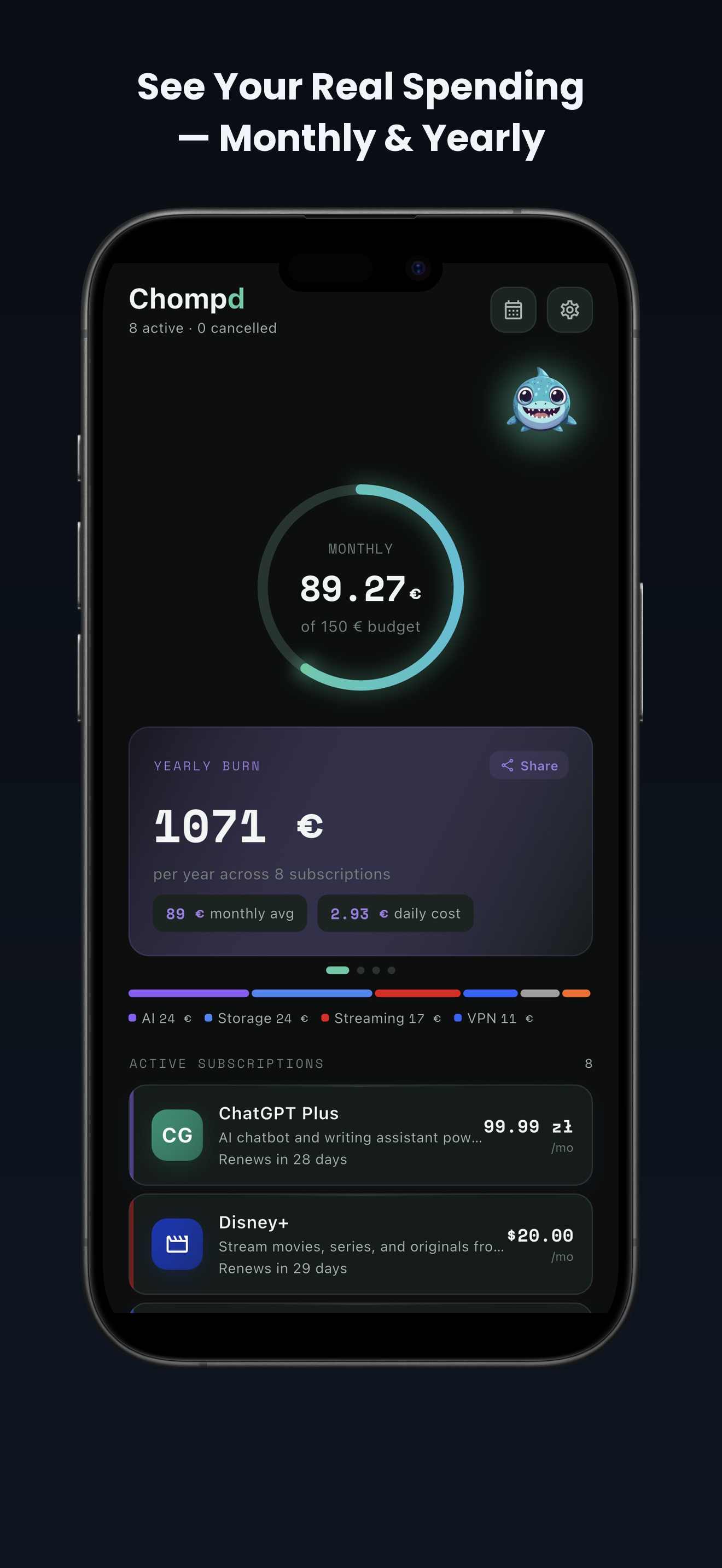 Chompd dashboard showing monthly and yearly subscription spending overview