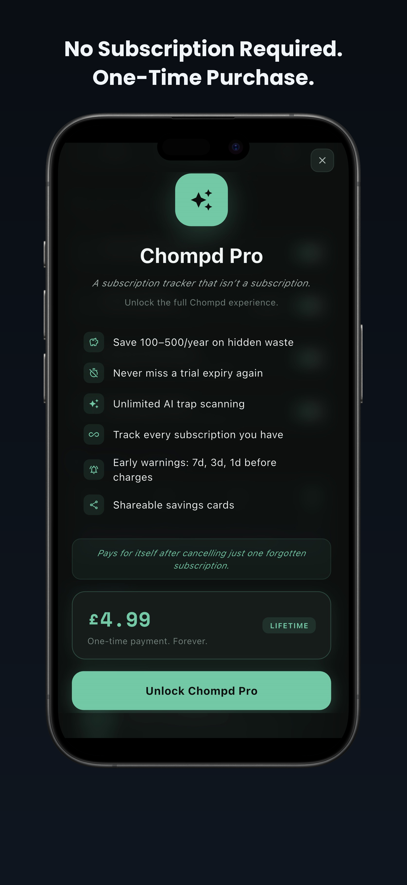 Chompd Pro one-time purchase screen showing lifetime pricing
